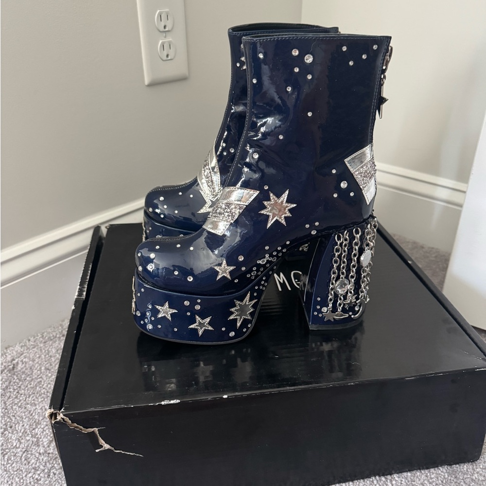 Platform Star-Embellished Ankle Boots in Navy - Picture 3 of 4
